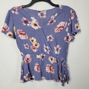 Eloquii Women's Navy Blue Floral Blouse Short Sleeve Lightweight Top Size M